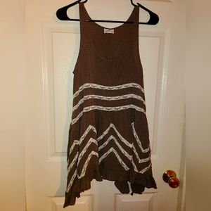 Intimately Free People Brown w/White Polka Dots with White Lace Trapeze Slip Top